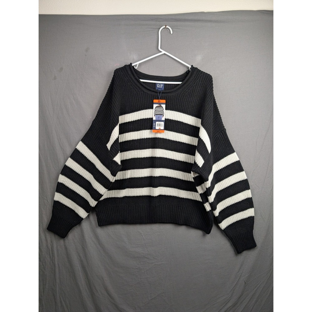 GAP Womens Black White Striped Shaker Stitch Crewneck Sweater XXL